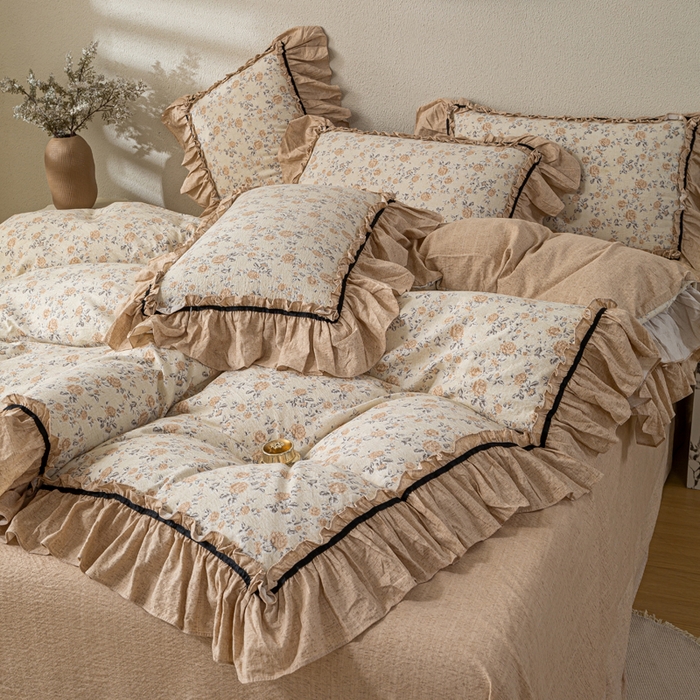 91家纺网 家纺一手货源 找家纺 大麦家纺 2025新款水洗亚麻花边四件套 满园花开