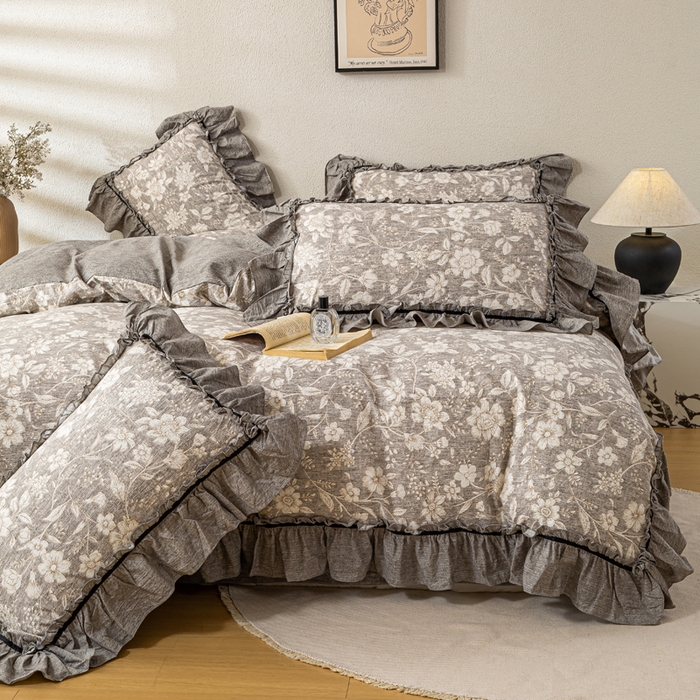 91家纺网 家纺一手货源 找家纺 大麦家纺 2025新款水洗亚麻花边四件套 山花浪漫