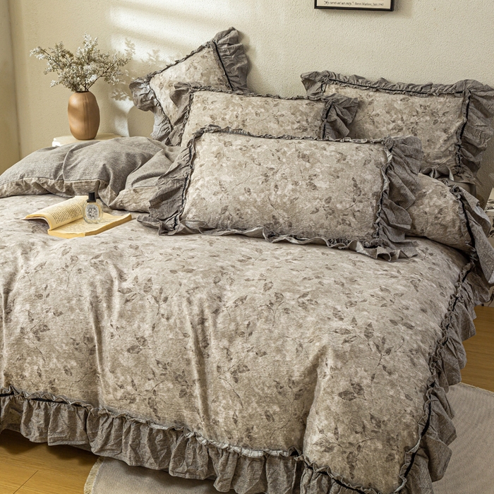 91家纺网 家纺一手货源 找家纺 大麦家纺 2025新款水洗亚麻花边四件套 颂青时