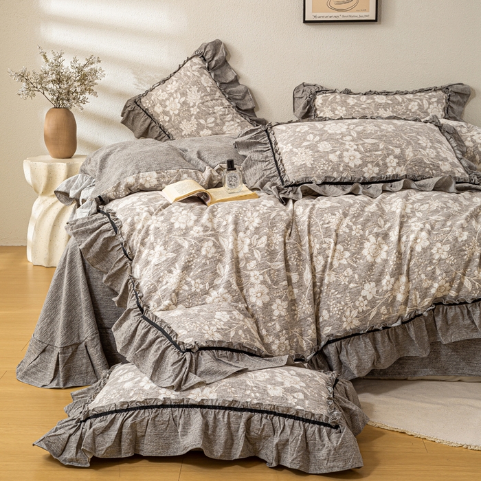 91家纺网 家纺一手货源 找家纺 大麦家纺 2025新款水洗亚麻花边四件套 山花浪漫