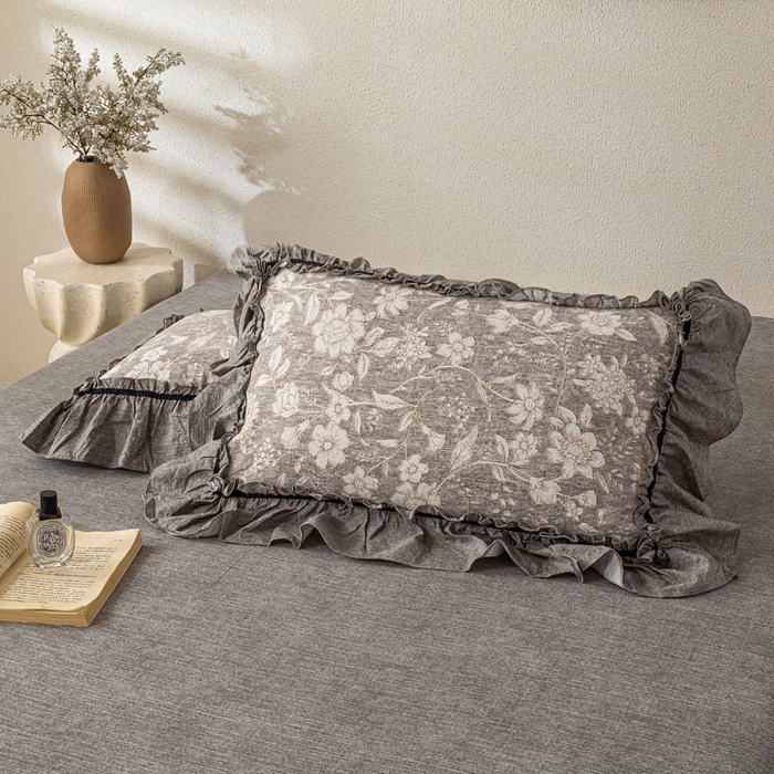 91家纺网 家纺一手货源 找家纺 大麦家纺 2025新款水洗亚麻花边四件套 山花浪漫