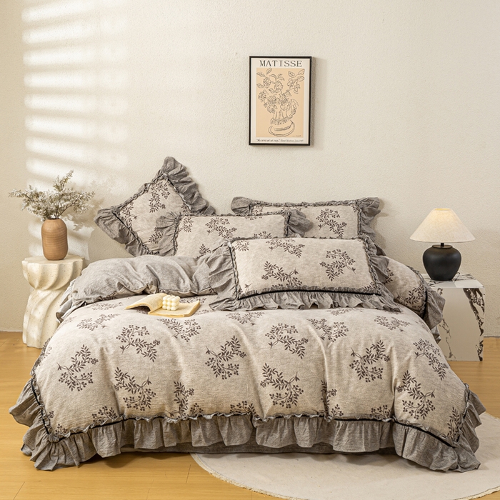 91家纺网 家纺一手货源 找家纺 大麦家纺 2025新款水洗亚麻花边四件套 风木槿咖