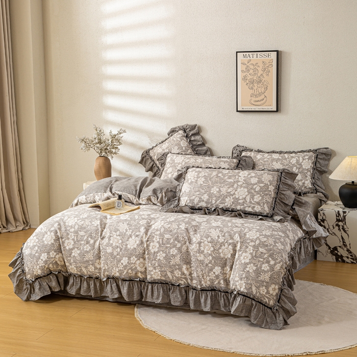 91家纺网 家纺一手货源 找家纺 大麦家纺 2025新款水洗亚麻花边四件套 山花浪漫