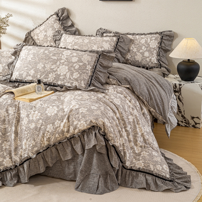 大麦家纺 2025新款水洗亚麻花边四件套 山花浪漫