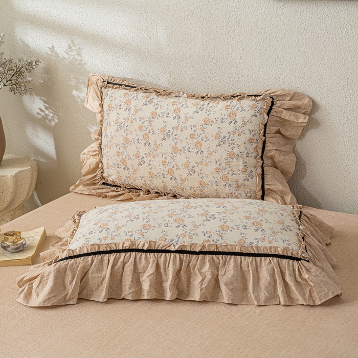 91家纺网 家纺一手货源 找家纺 大麦家纺 2025新款水洗亚麻花边四件套 满园花开