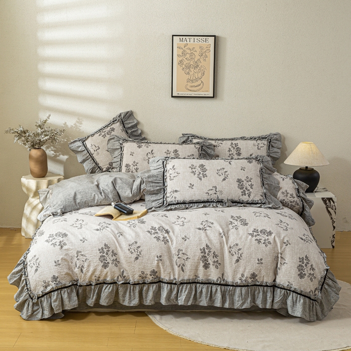 91家纺网 家纺一手货源 找家纺 大麦家纺 2025新款水洗亚麻花边四件套 香榭花园