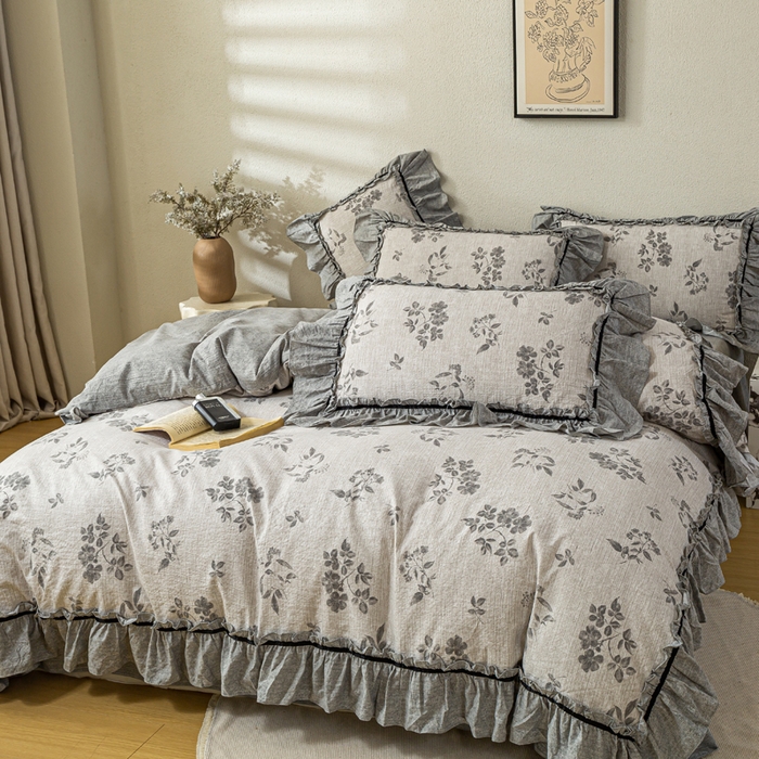 91家纺网 家纺一手货源 找家纺 大麦家纺 2025新款水洗亚麻花边四件套 香榭花园