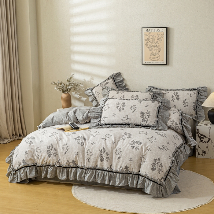 91家纺网 家纺一手货源 找家纺 大麦家纺 2025新款水洗亚麻花边四件套 香榭花园