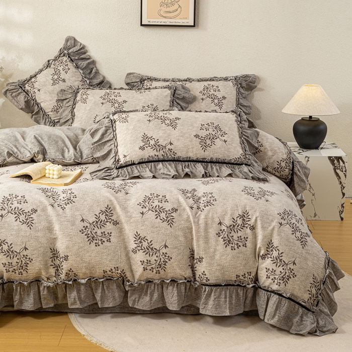 91家纺网 家纺一手货源 找家纺 大麦家纺 2025新款水洗亚麻花边四件套 风木槿咖