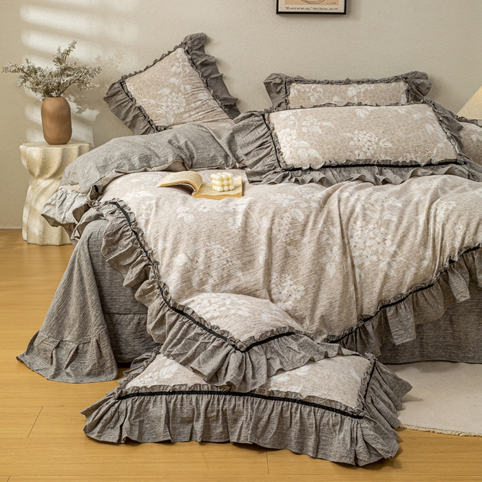 91家纺网 家纺一手货源 找家纺 大麦家纺 2025新款水洗亚麻花边四件套 玉茗