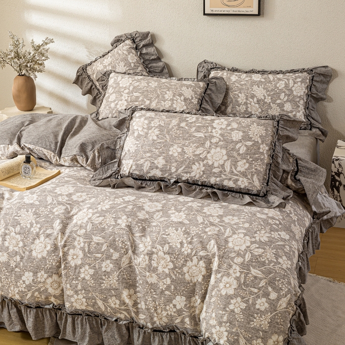 91家纺网 家纺一手货源 找家纺 大麦家纺 2025新款水洗亚麻花边四件套 山花浪漫