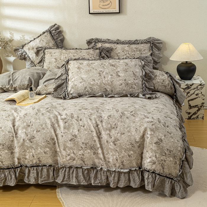 91家纺网 家纺一手货源 找家纺 大麦家纺 2025新款水洗亚麻花边四件套 颂青时