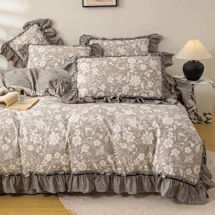 91家纺网 家纺一手货源 找家纺 大麦家纺 2025新款水洗亚麻花边四件套 山花浪漫