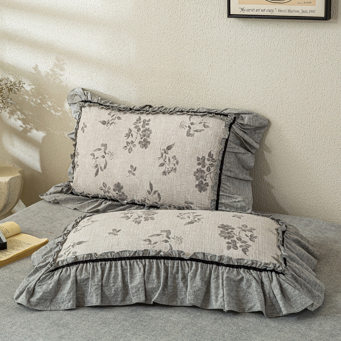 91家纺网 家纺一手货源 找家纺 大麦家纺 2025新款水洗亚麻花边四件套 香榭花园