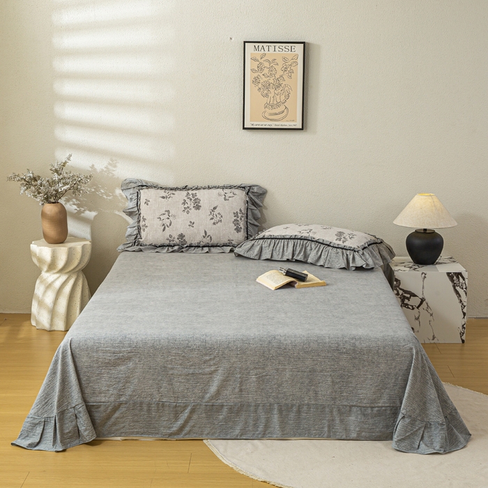 91家纺网 家纺一手货源 找家纺 大麦家纺 2025新款水洗亚麻花边四件套 香榭花园