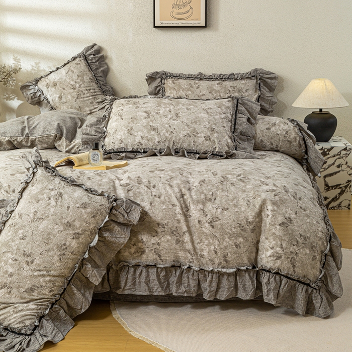 91家纺网 家纺一手货源 找家纺 大麦家纺 2025新款水洗亚麻花边四件套 颂青时