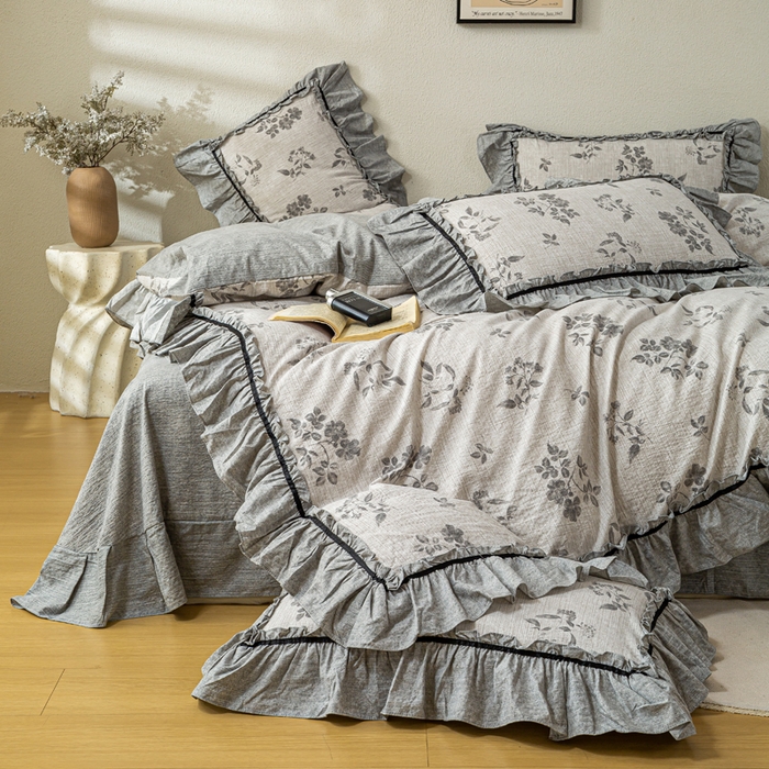 91家纺网 家纺一手货源 找家纺 大麦家纺 2025新款水洗亚麻花边四件套 香榭花园