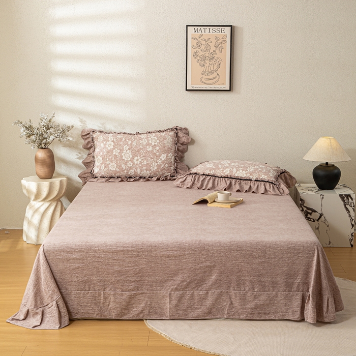 91家纺网 家纺一手货源 找家纺 大麦家纺 2025新款水洗亚麻花边四件套 粉黛佳人