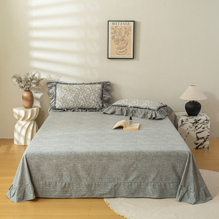 91家纺网 家纺一手货源 找家纺 大麦家纺 2025新款水洗亚麻花边四件套 海棠花溪