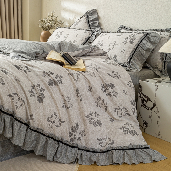 91家纺网 家纺一手货源 找家纺 大麦家纺 2025新款水洗亚麻花边四件套 香榭花园