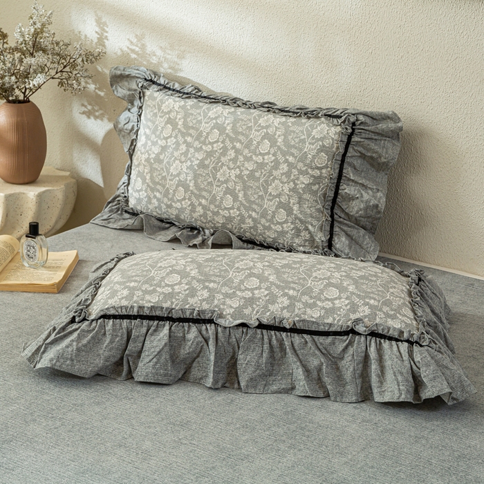 91家纺网 家纺一手货源 找家纺 大麦家纺 2025新款水洗亚麻花边四件套 海棠花溪