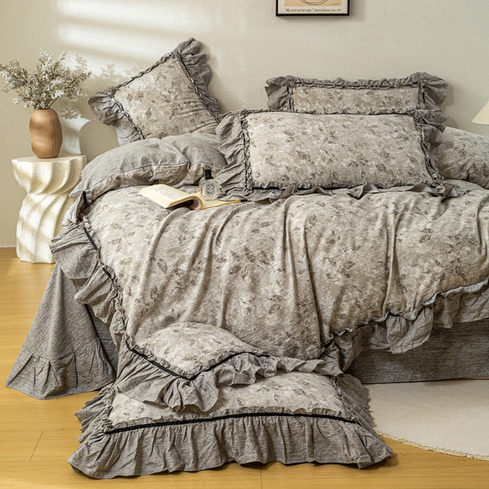 91家纺网 家纺一手货源 找家纺 大麦家纺 2025新款水洗亚麻花边四件套 颂青时