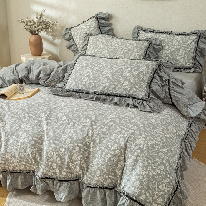 91家纺网 家纺一手货源 找家纺 大麦家纺 2025新款水洗亚麻花边四件套 海棠花溪