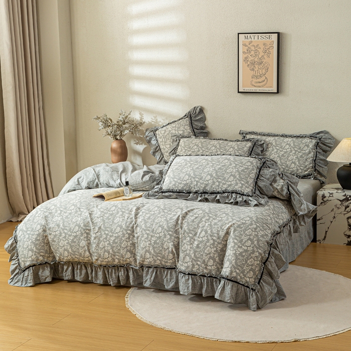 91家纺网 家纺一手货源 找家纺 大麦家纺 2025新款水洗亚麻花边四件套 海棠花溪