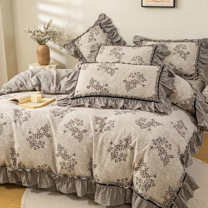 91家纺网 家纺一手货源 找家纺 大麦家纺 2025新款水洗亚麻花边四件套 风木槿咖