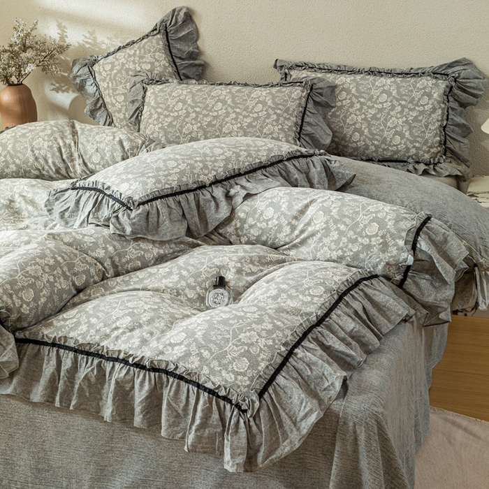 91家纺网 家纺一手货源 找家纺 大麦家纺 2025新款水洗亚麻花边四件套 海棠花溪