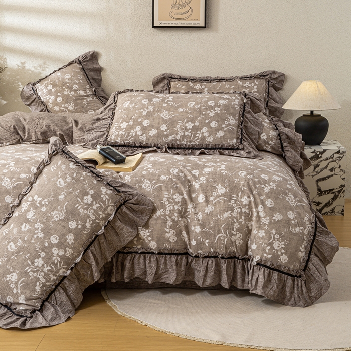 91家纺网 家纺一手货源 找家纺 大麦家纺 2025新款水洗亚麻花边四件套 锦瑟