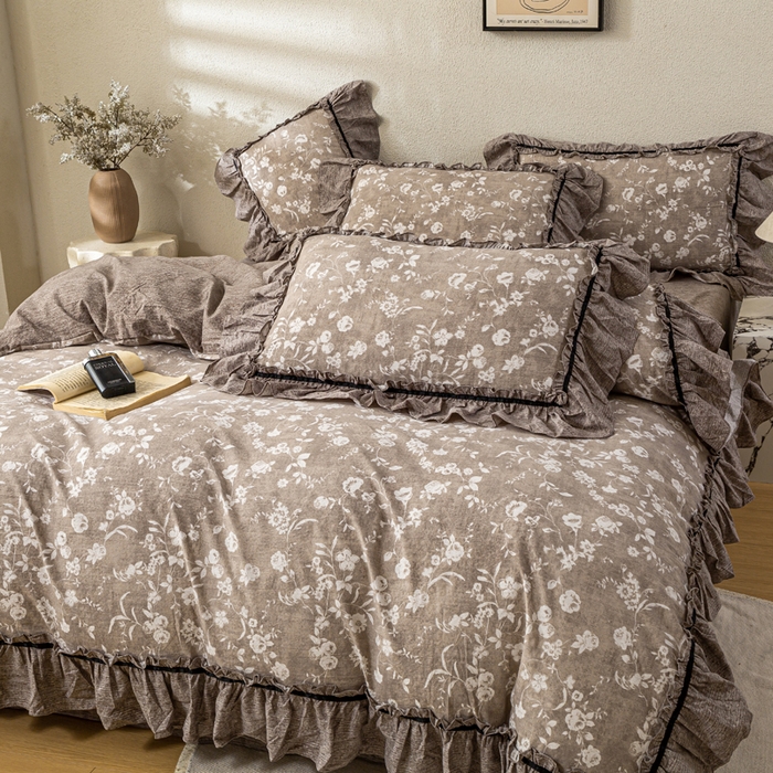 91家纺网 家纺一手货源 找家纺 大麦家纺 2025新款水洗亚麻花边四件套 锦瑟