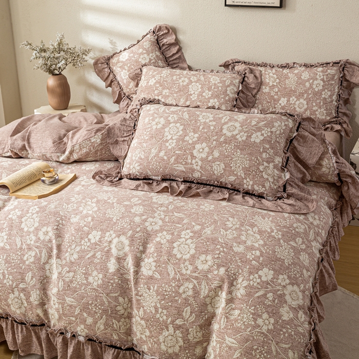 91家纺网 家纺一手货源 找家纺 大麦家纺 2025新款水洗亚麻花边四件套 粉黛佳人