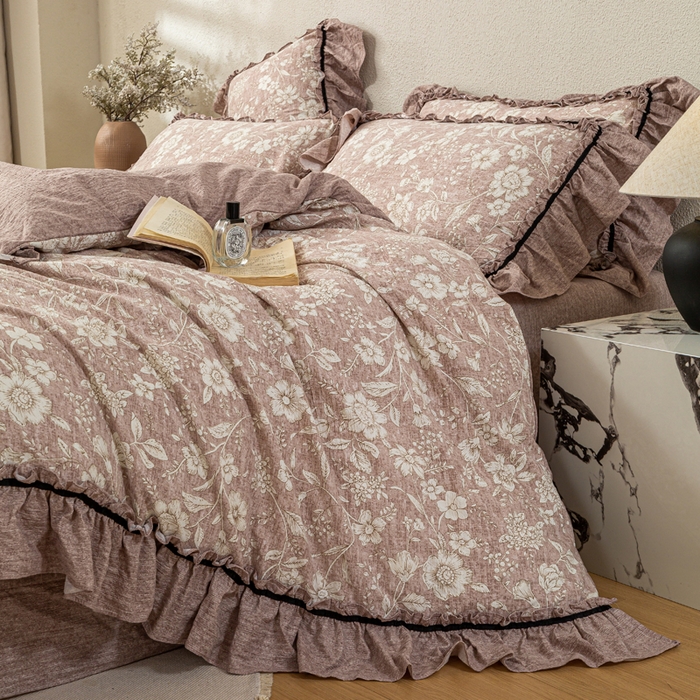 91家纺网 家纺一手货源 找家纺 大麦家纺 2025新款水洗亚麻花边四件套 粉黛佳人