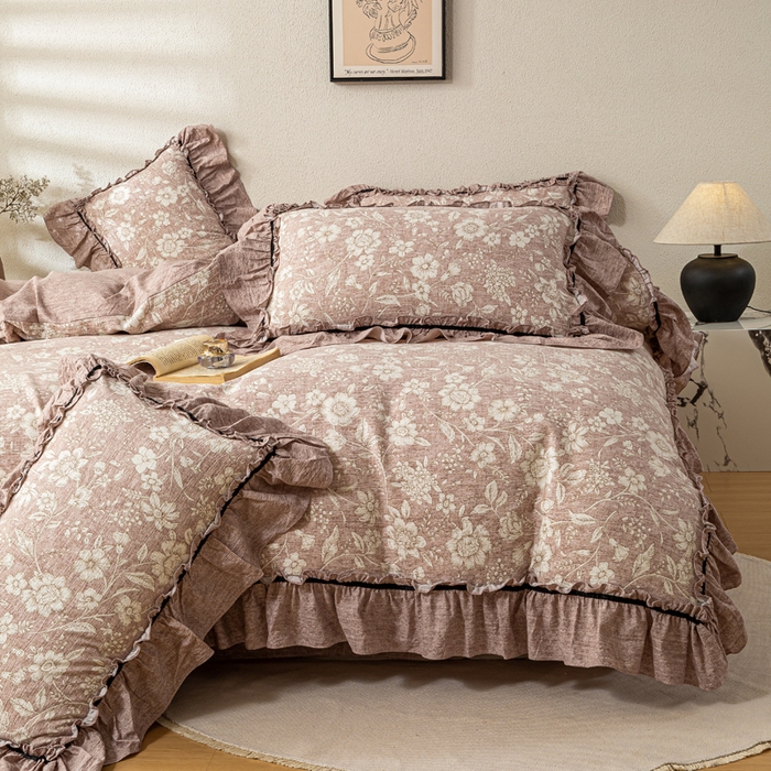 91家纺网 家纺一手货源 找家纺 大麦家纺 2025新款水洗亚麻花边四件套 粉黛佳人