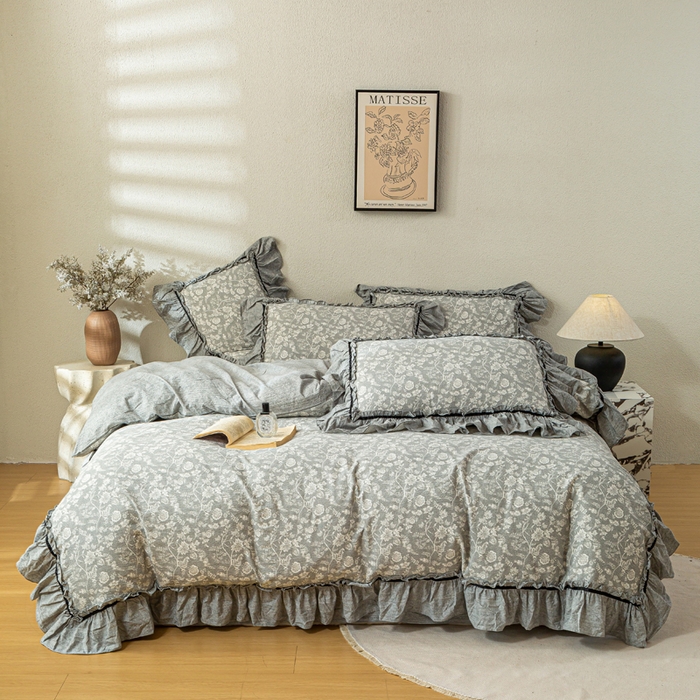 91家纺网 家纺一手货源 找家纺 大麦家纺 2025新款水洗亚麻花边四件套 海棠花溪