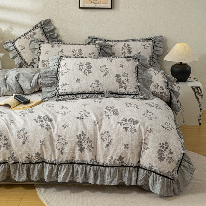 91家纺网 家纺一手货源 找家纺 大麦家纺 2025新款水洗亚麻花边四件套 香榭花园