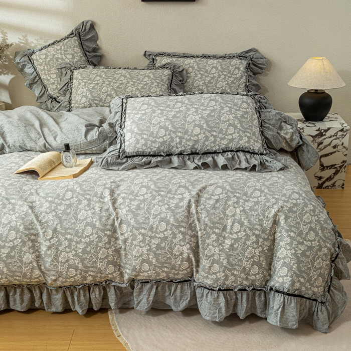 91家纺网 家纺一手货源 找家纺 大麦家纺 2025新款水洗亚麻花边四件套 海棠花溪