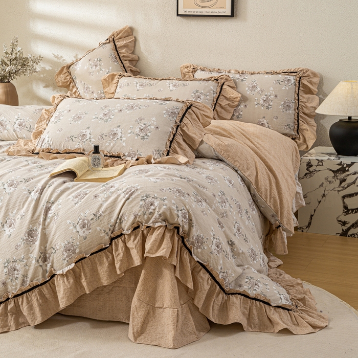 大麦家纺 2025新款水洗亚麻花边四件套 花颜