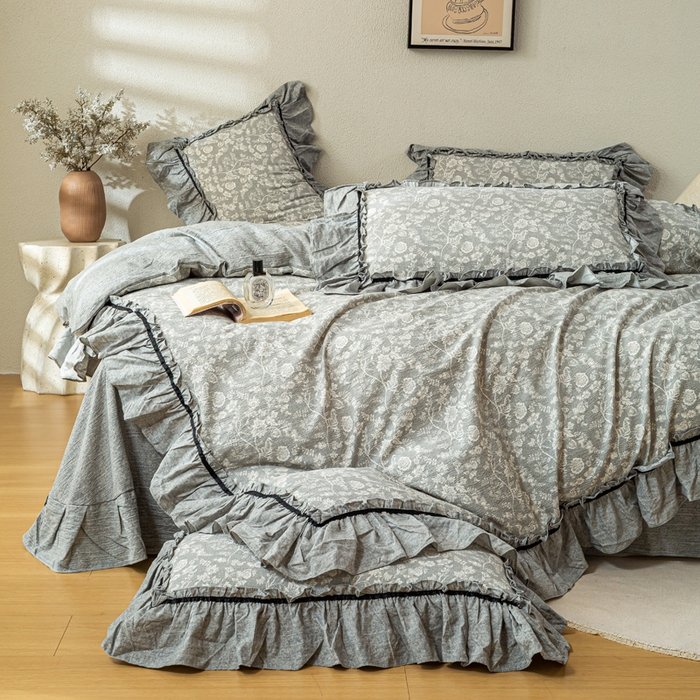 91家纺网 家纺一手货源 找家纺 大麦家纺 2025新款水洗亚麻花边四件套 海棠花溪