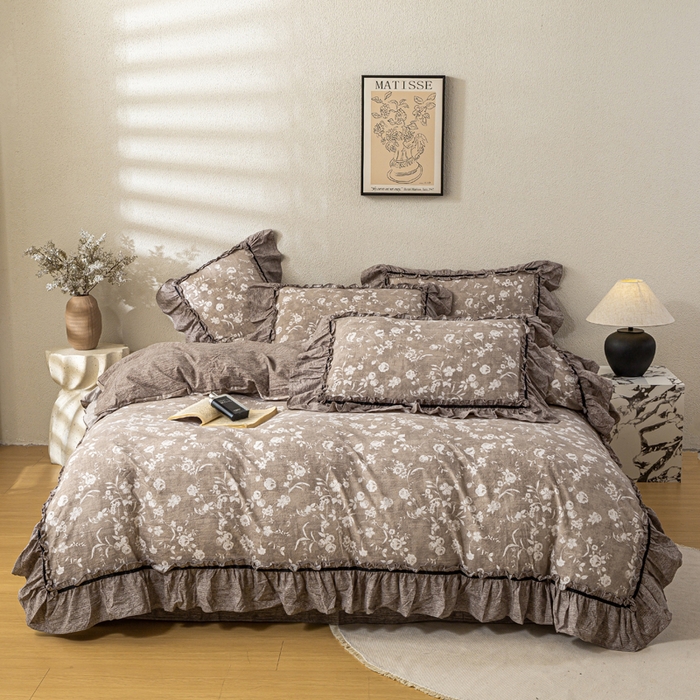 91家纺网 家纺一手货源 找家纺 大麦家纺 2025新款水洗亚麻花边四件套 锦瑟