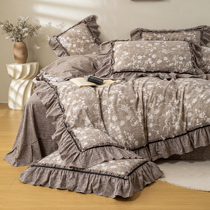 91家纺网 家纺一手货源 找家纺 大麦家纺 2025新款水洗亚麻花边四件套 锦瑟