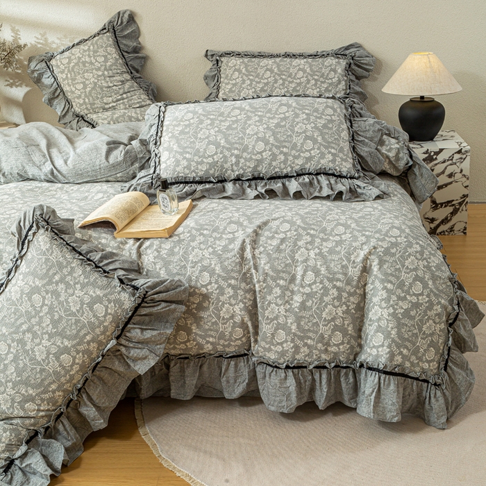 91家纺网 家纺一手货源 找家纺 大麦家纺 2025新款水洗亚麻花边四件套 海棠花溪