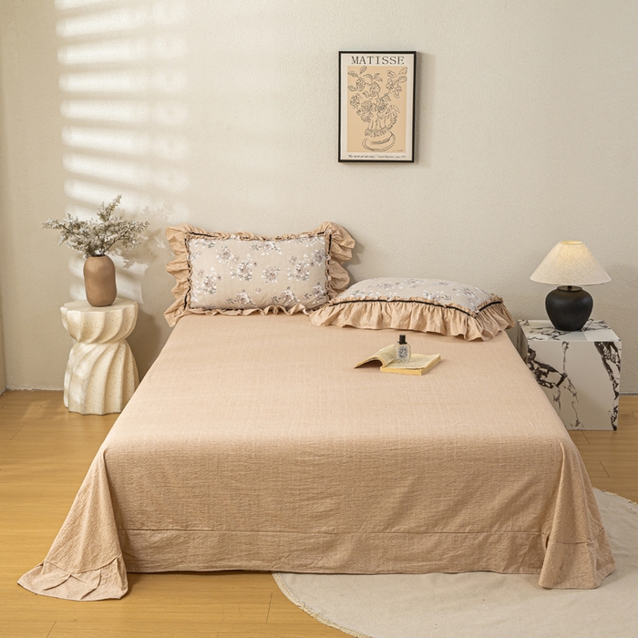 91家纺网 家纺一手货源 找家纺 大麦家纺 2025新款水洗亚麻花边四件套 花颜