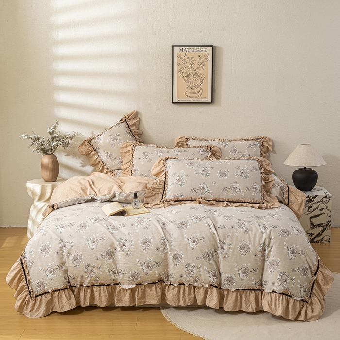 91家纺网 家纺一手货源 找家纺 大麦家纺 2025新款水洗亚麻花边四件套 花颜