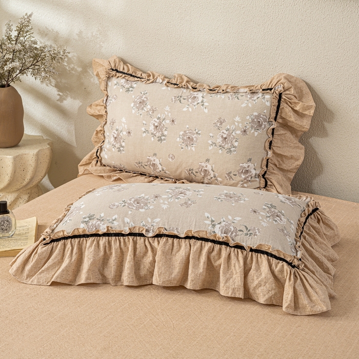 91家纺网 家纺一手货源 找家纺 大麦家纺 2025新款水洗亚麻花边四件套 花颜