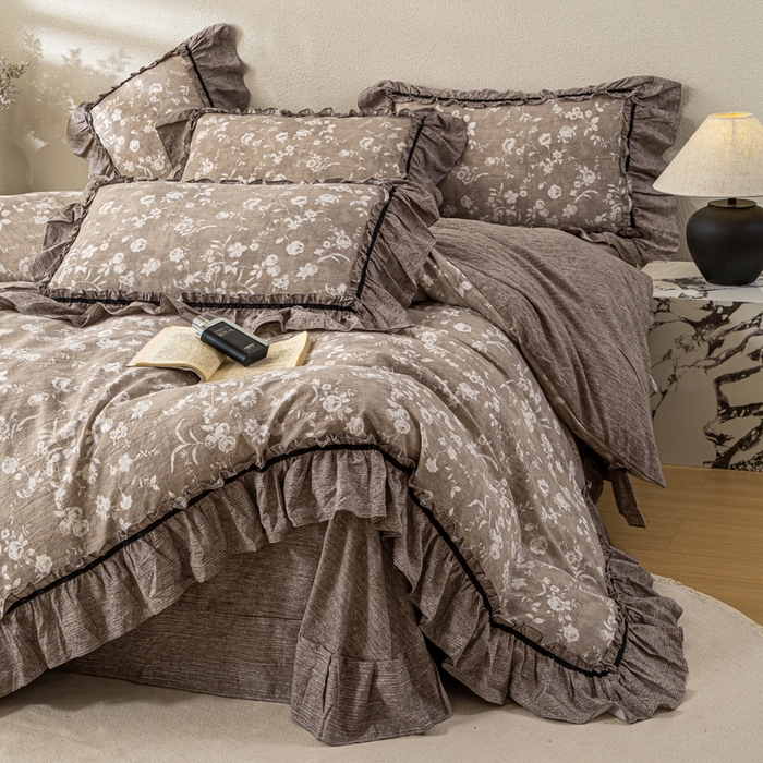 91家纺网 家纺一手货源 找家纺 大麦家纺 2025新款水洗亚麻花边四件套 锦瑟