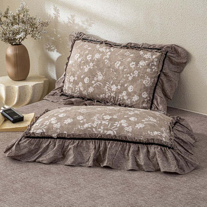 91家纺网 家纺一手货源 找家纺 大麦家纺 2025新款水洗亚麻花边四件套 锦瑟