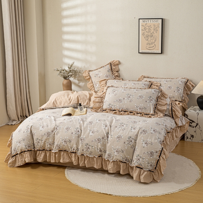 91家纺网 家纺一手货源 找家纺 大麦家纺 2025新款水洗亚麻花边四件套 花颜