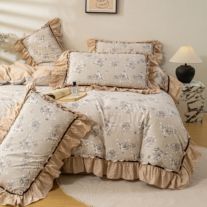 91家纺网 家纺一手货源 找家纺 大麦家纺 2025新款水洗亚麻花边四件套 花颜